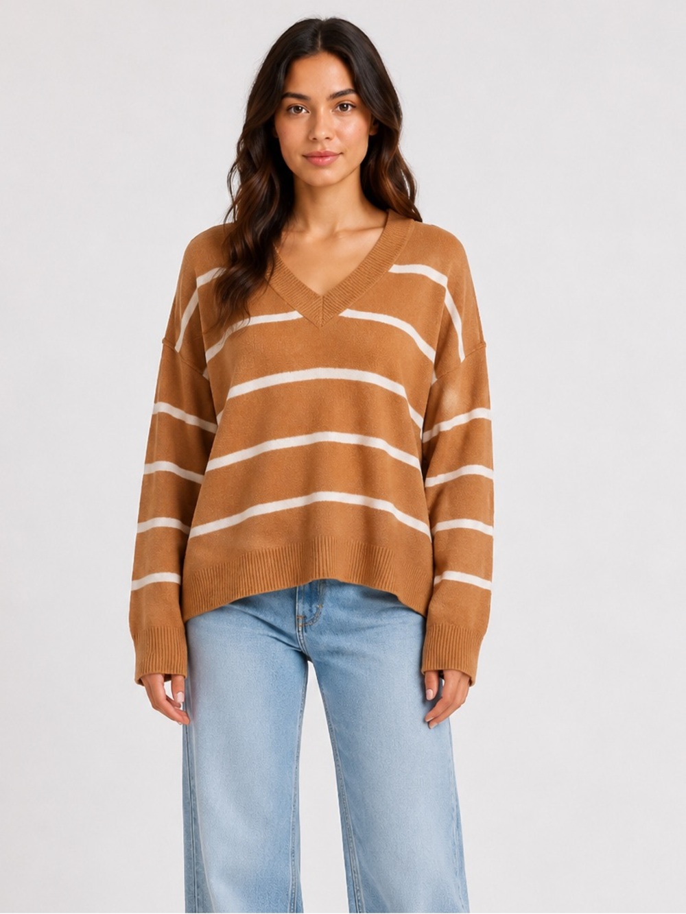 Aerie Oversized V-Neck Striped Sweater Camel White Striped Size L - Picture 1 of 13